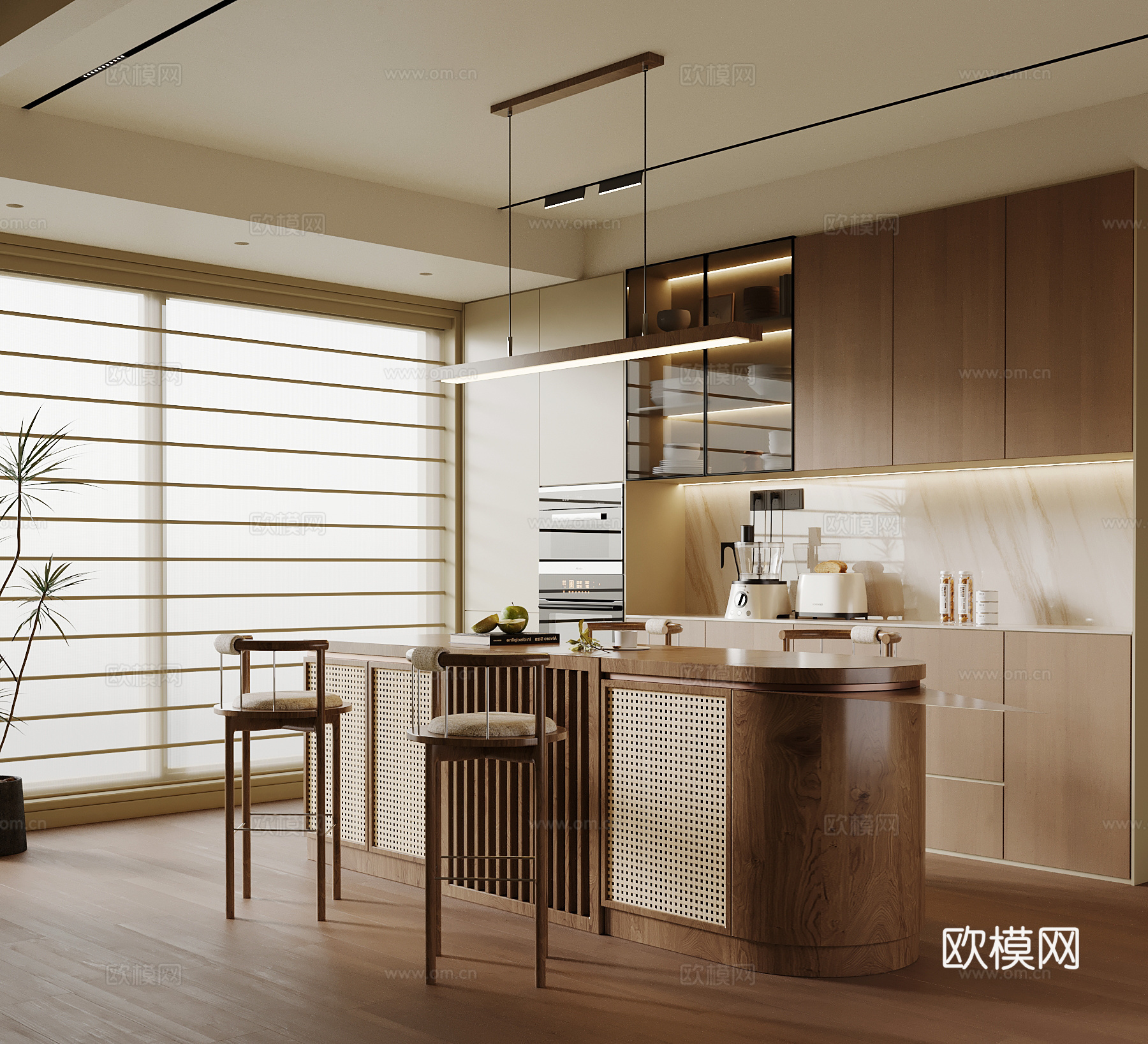 现代中古风餐厅 餐桌椅 餐边柜su模型