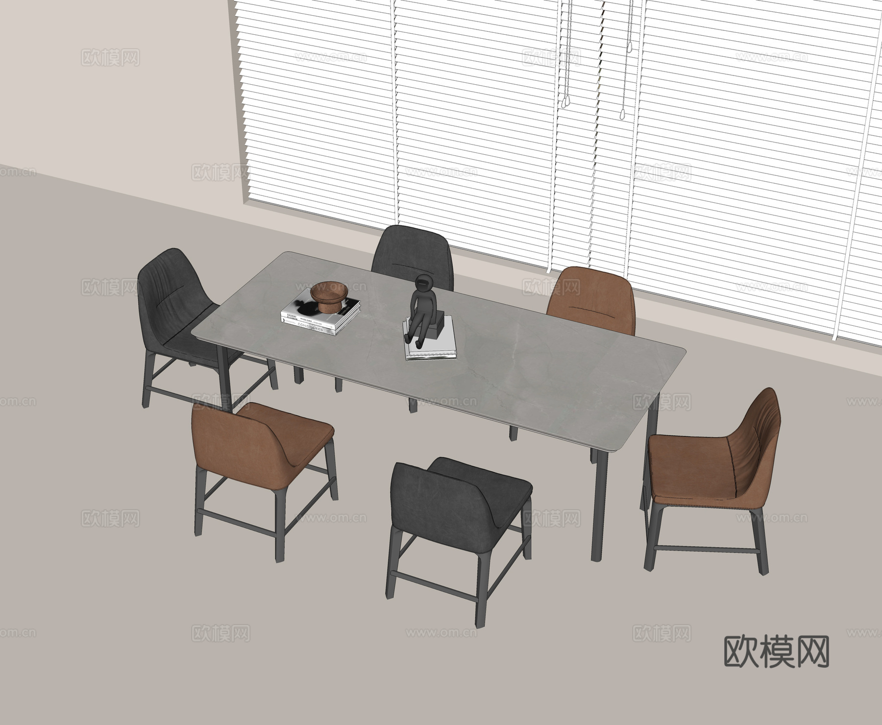 现代餐桌椅组合 大理石餐桌 皮质餐椅 饰品摆件su模型