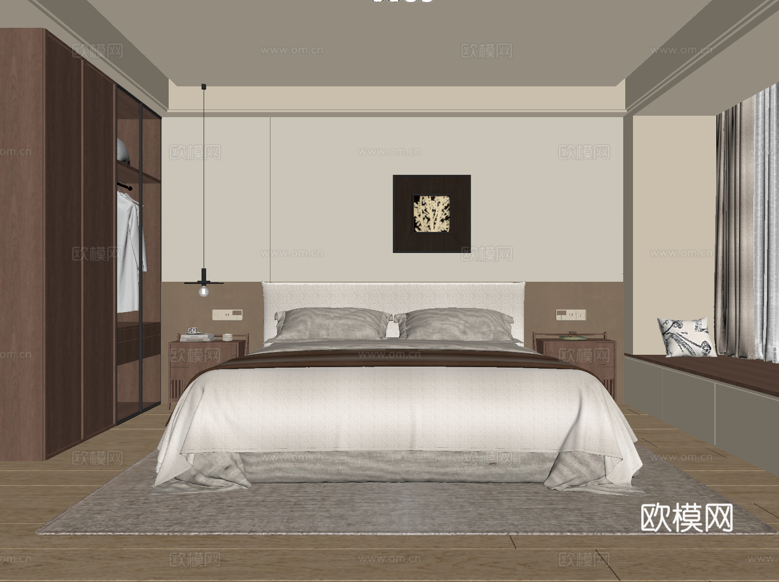 现代中古风卧室 双人床 衣柜su模型