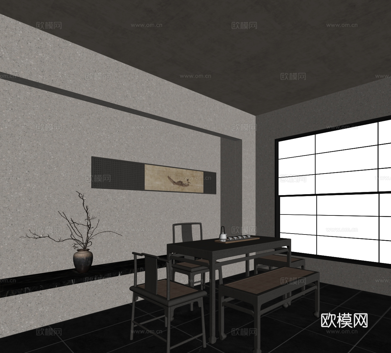 新中式茶台 茶桌椅su模型