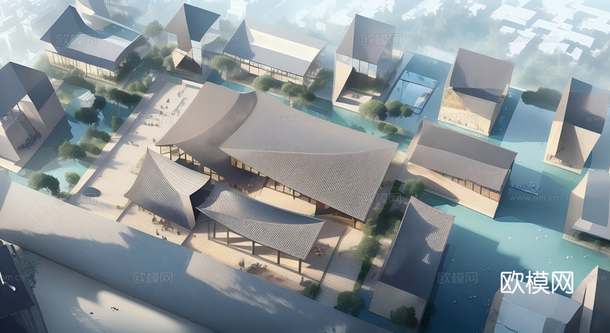 新中式售楼处建筑su模型下载（渲染图1）