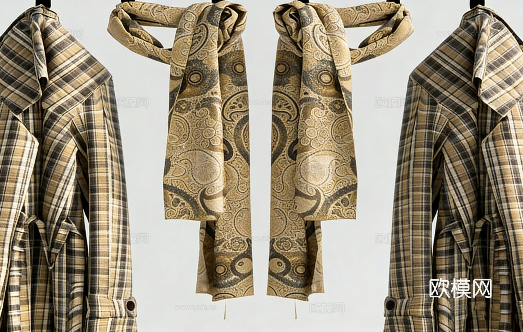 英伦风千鸟格长款风衣 大衣 装饰道具 服装配饰 复古围巾su模型