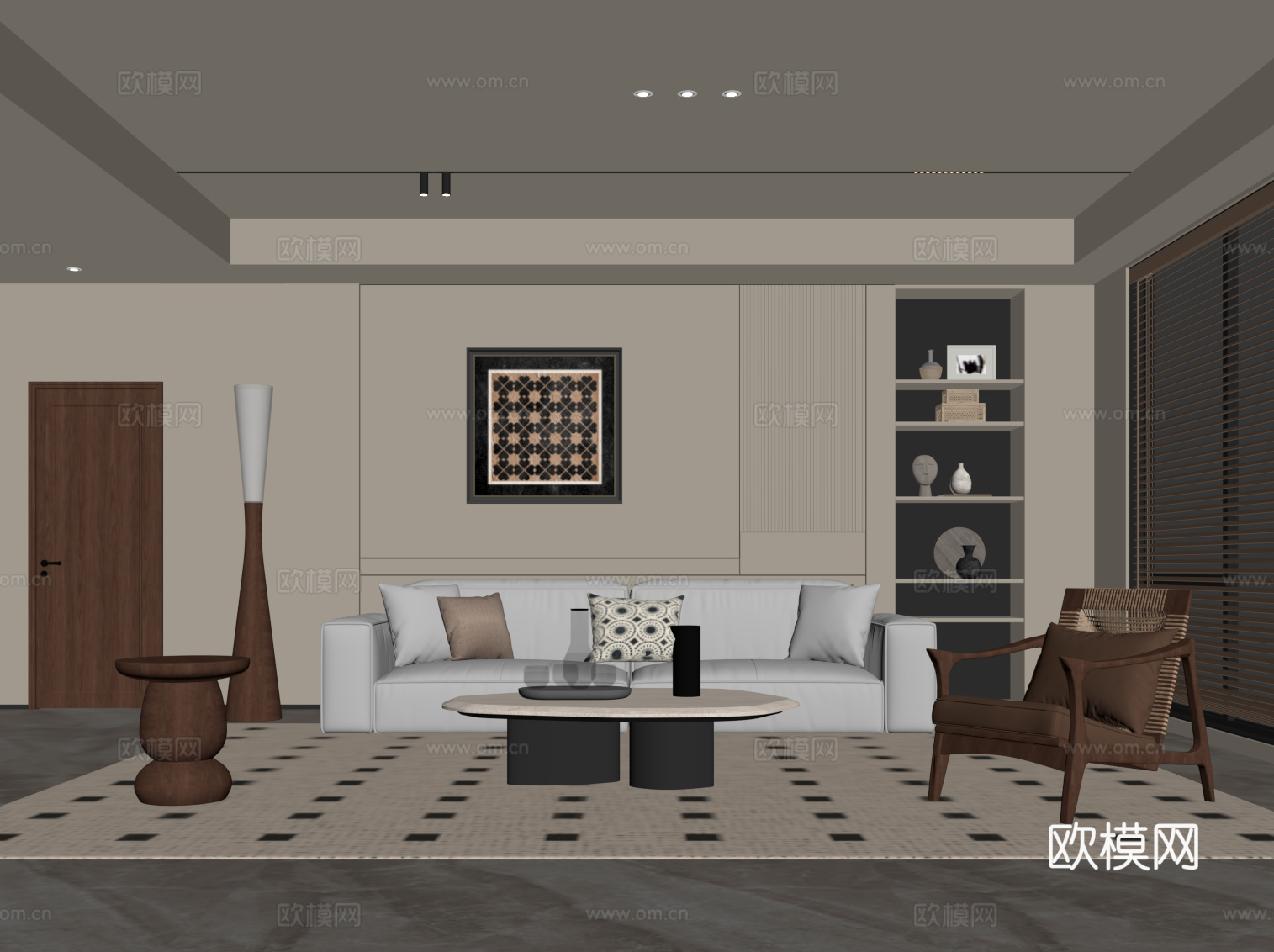 现代中古风客厅 背景墙 沙发茶几组合su模型