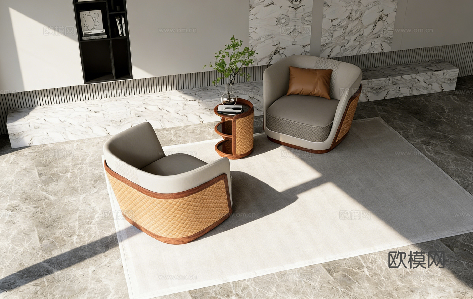 现代简约浅米色布艺三人沙发 编织纹理休闲椅  客厅阳台单椅su模型