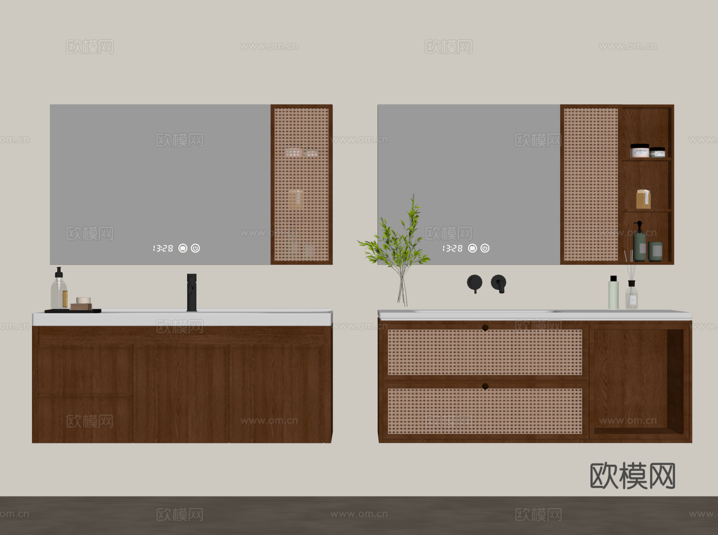 中古风浴室柜 藤编洗手台 洗漱台su模型
