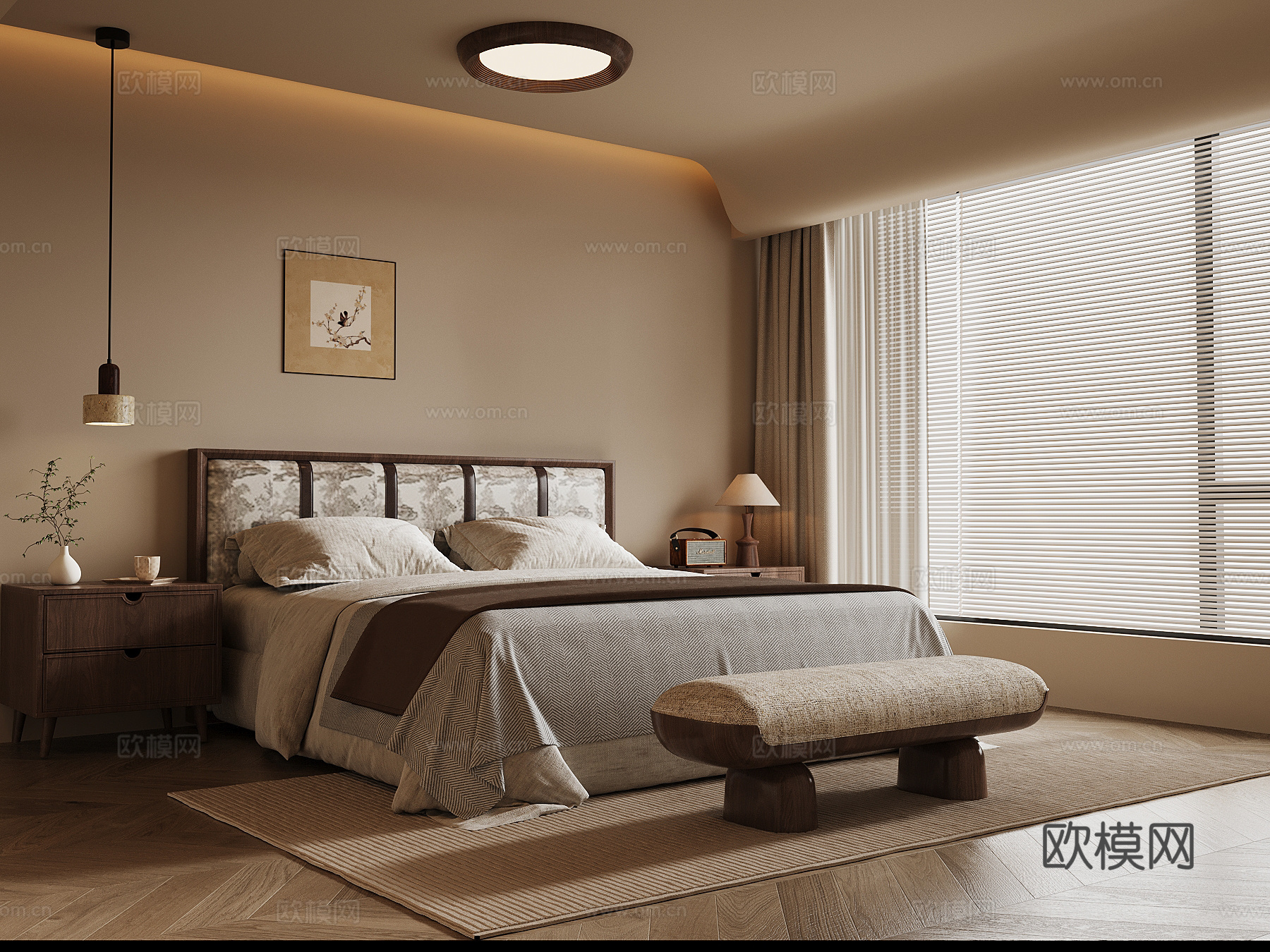 中古风卧室 双人床 床头柜 换鞋凳su模型