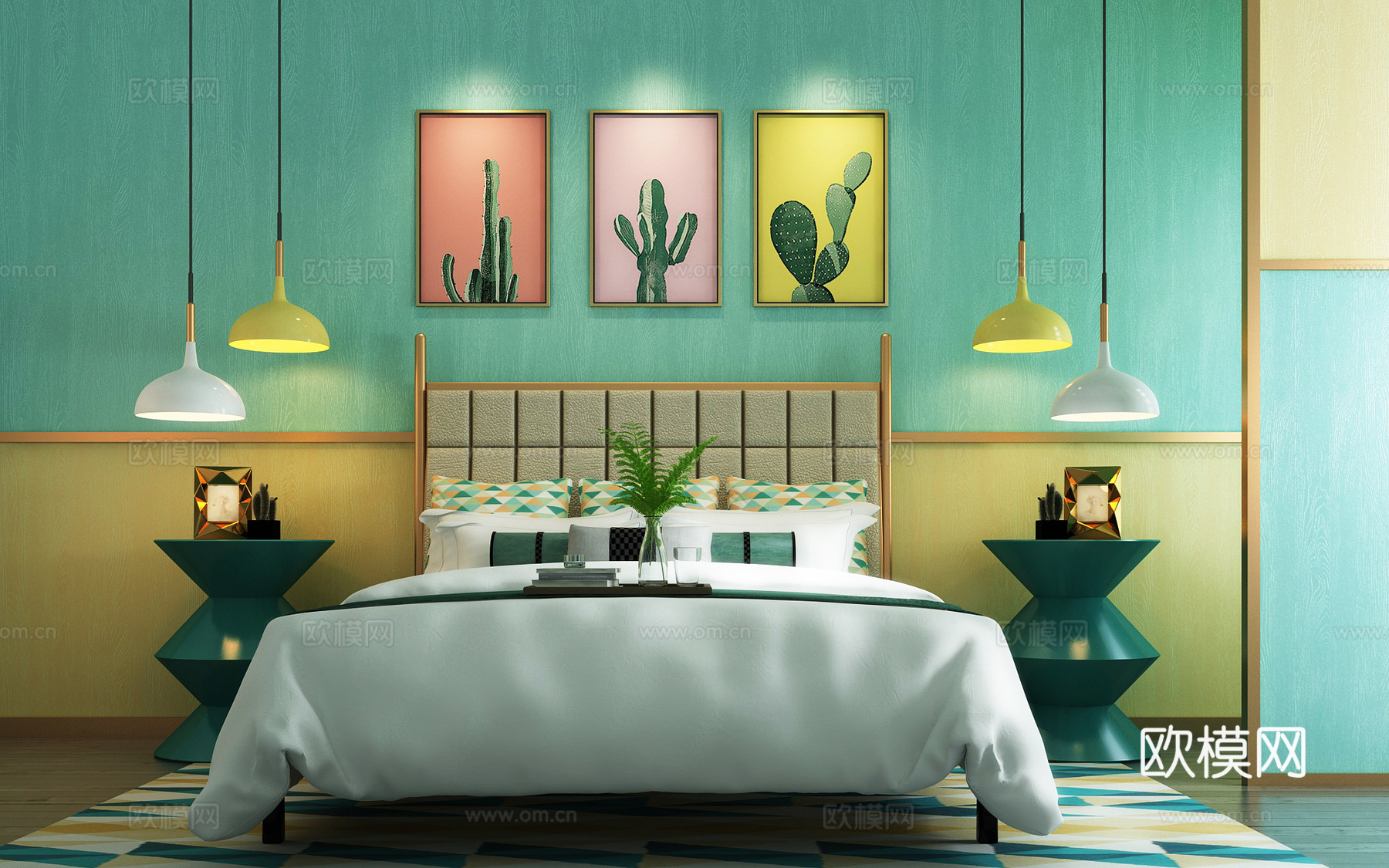 现代北欧床 双人床 挂画 地毯 抱枕  吊灯 床头柜3d模型
