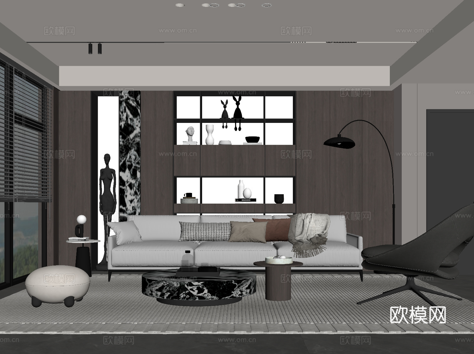 现代意式家居客厅 沙发茶几组合 装饰柜su模型