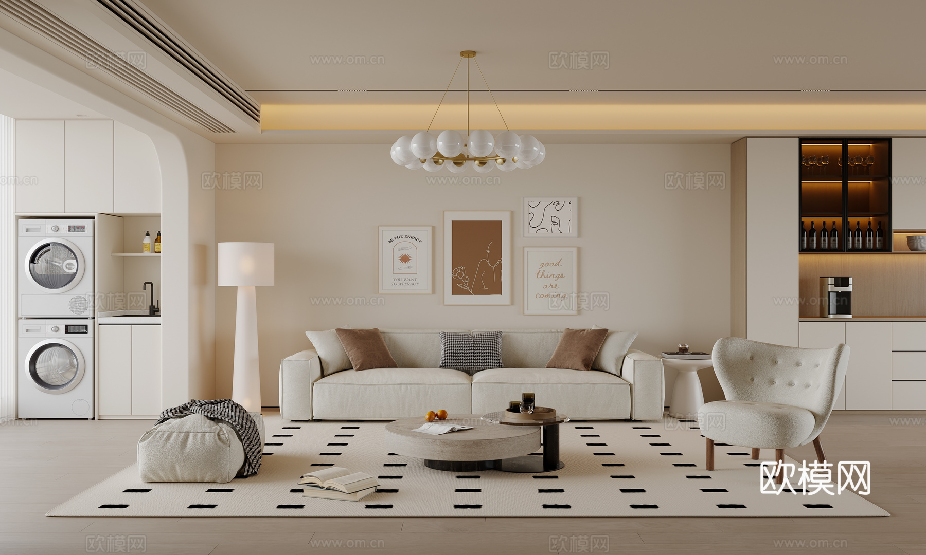现代奶油风客厅 沙发茶几 多人沙发 挂画 吊灯 地毯su模型下载（渲染图1）