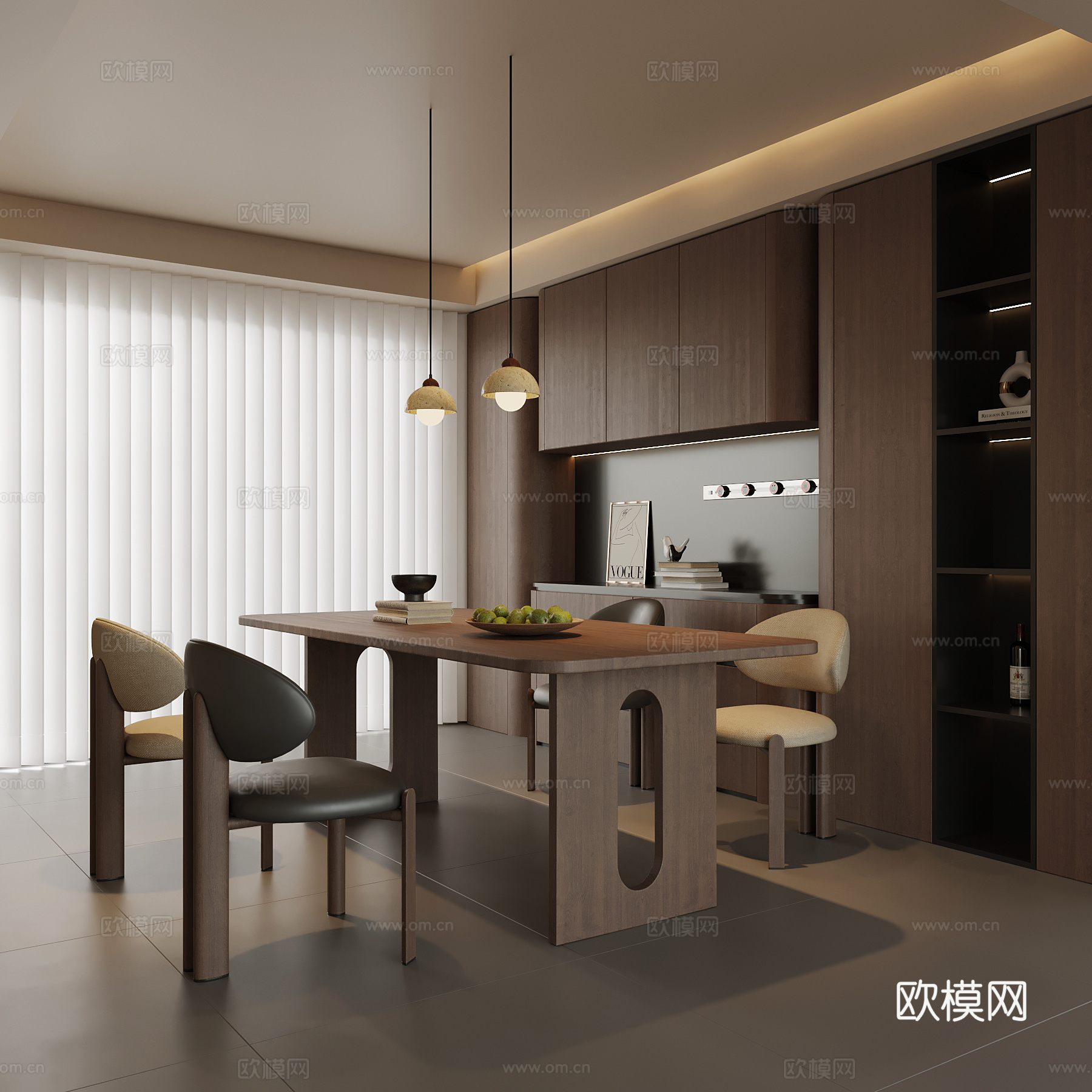 现代中古风餐厅 餐桌椅 餐边柜su模型