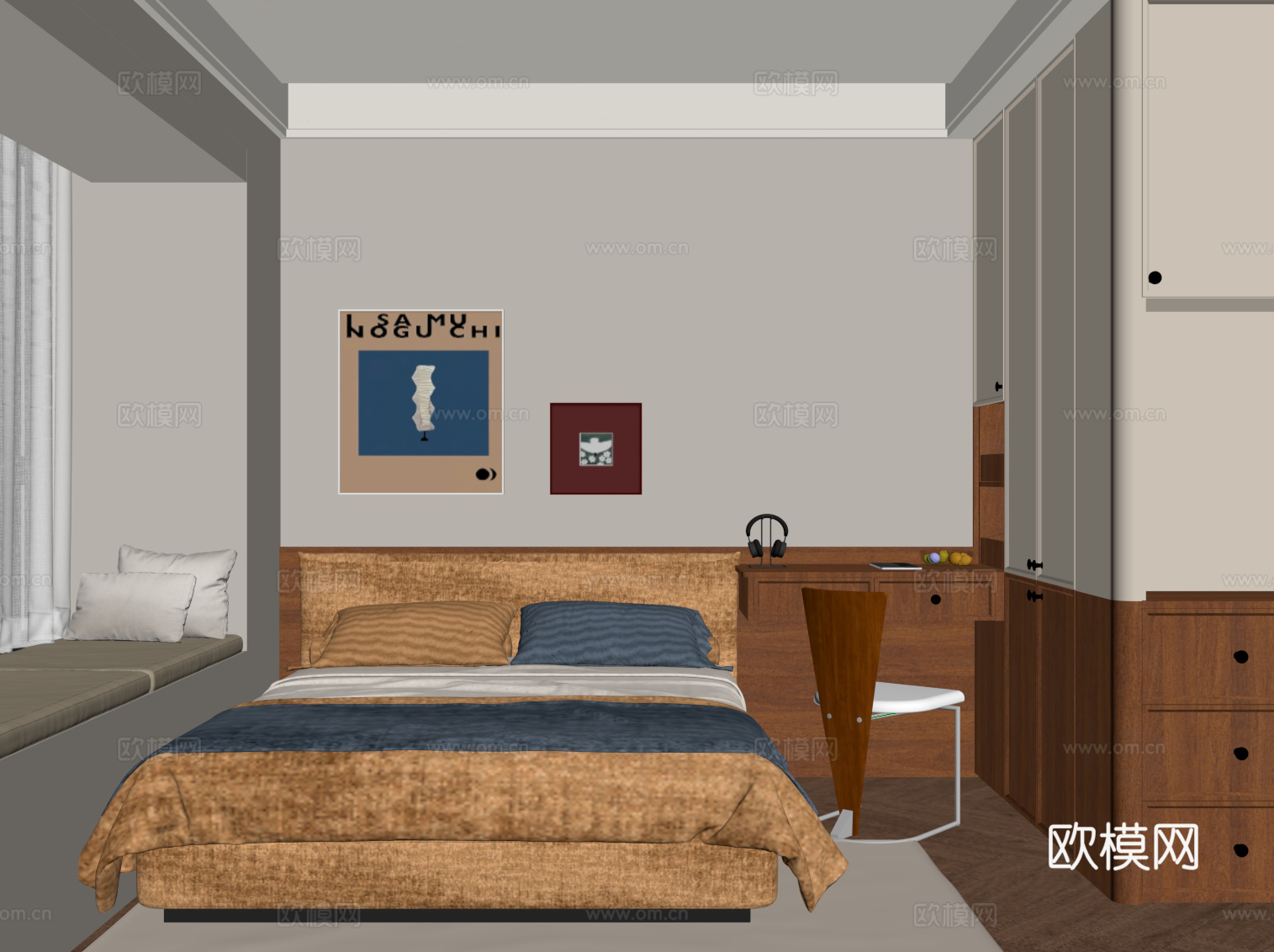 中古风卧室 次卧 双人床 衣柜su模型su模型