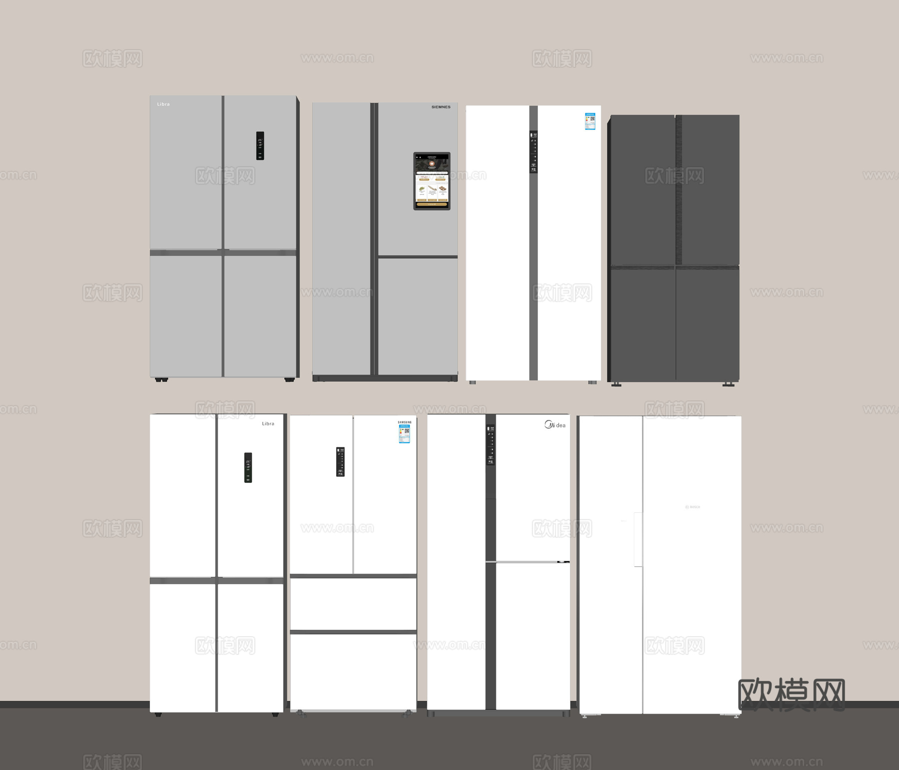 现代冰箱 智能冰箱 双门冰箱 三门冰箱 十字门冰箱su模型