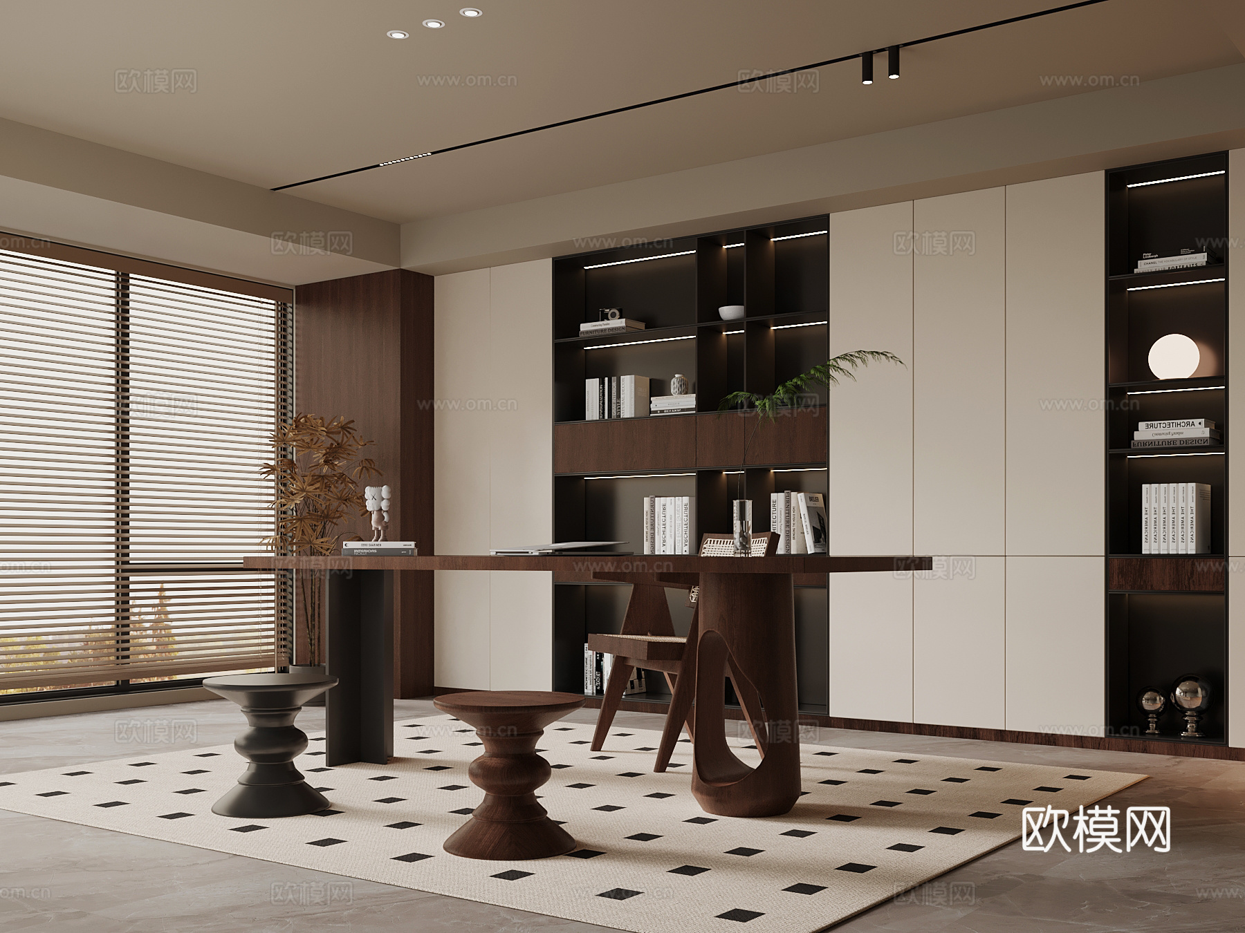 现代中古风开放式书房 书桌椅 书柜su模型