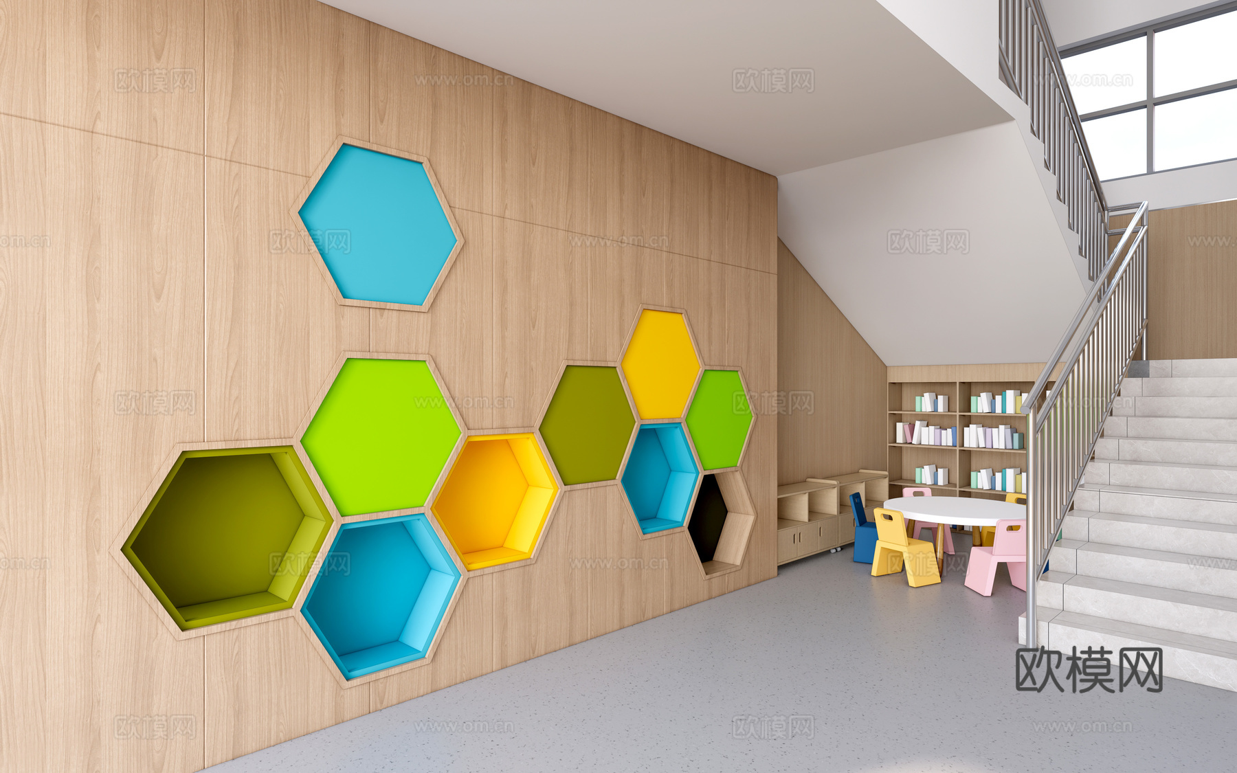 现代学校楼梯间装饰 校园文化墙 校园装饰墙 校园读书角su模型