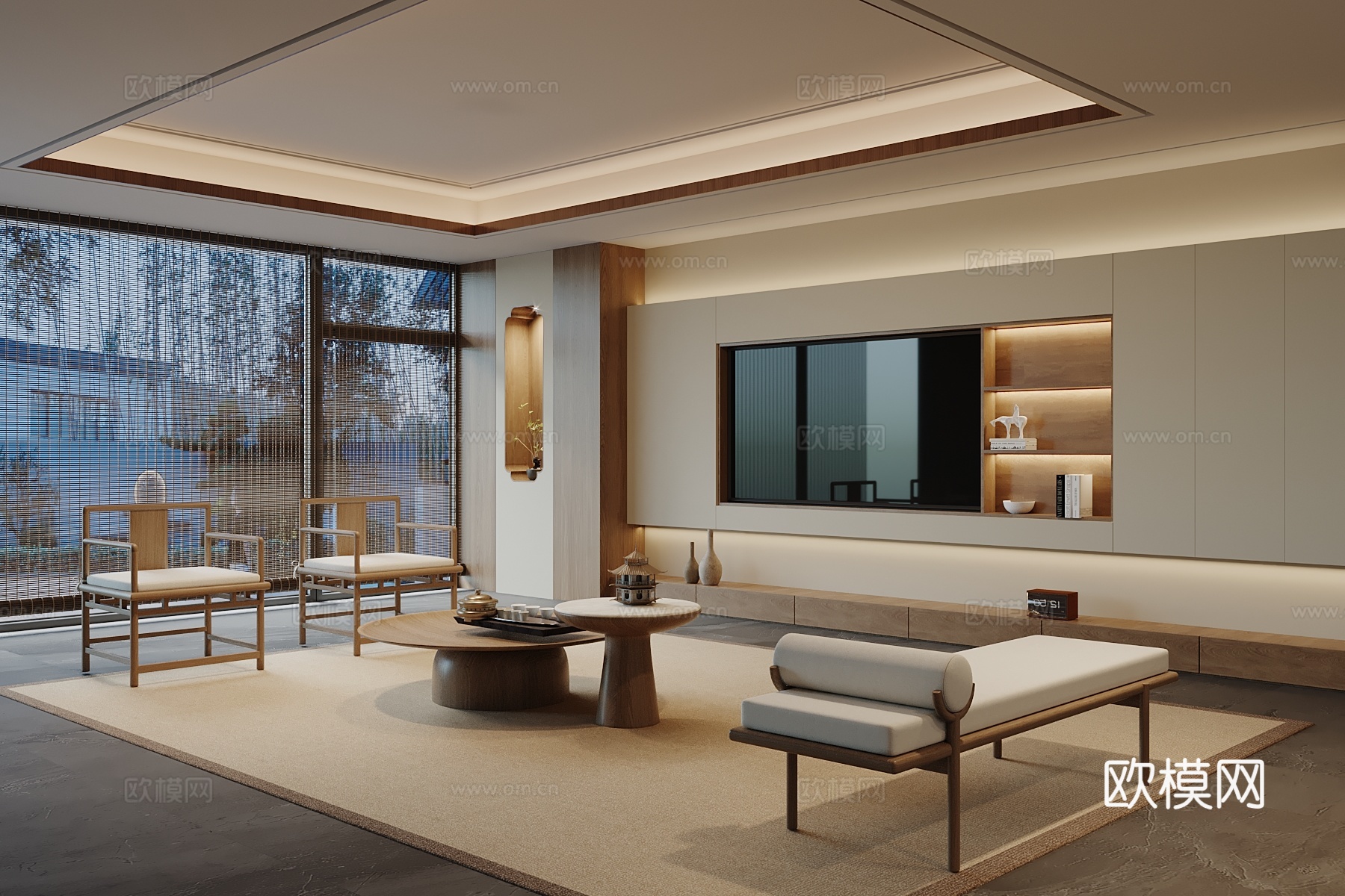 新中式电视背景墙su模型