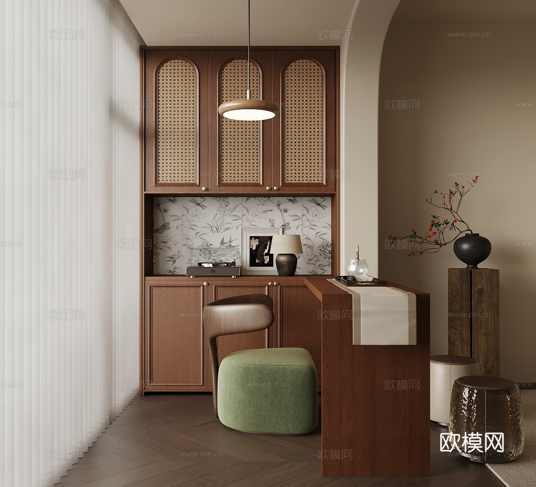 中古风阳台茶室 茶桌椅 茶台su模型