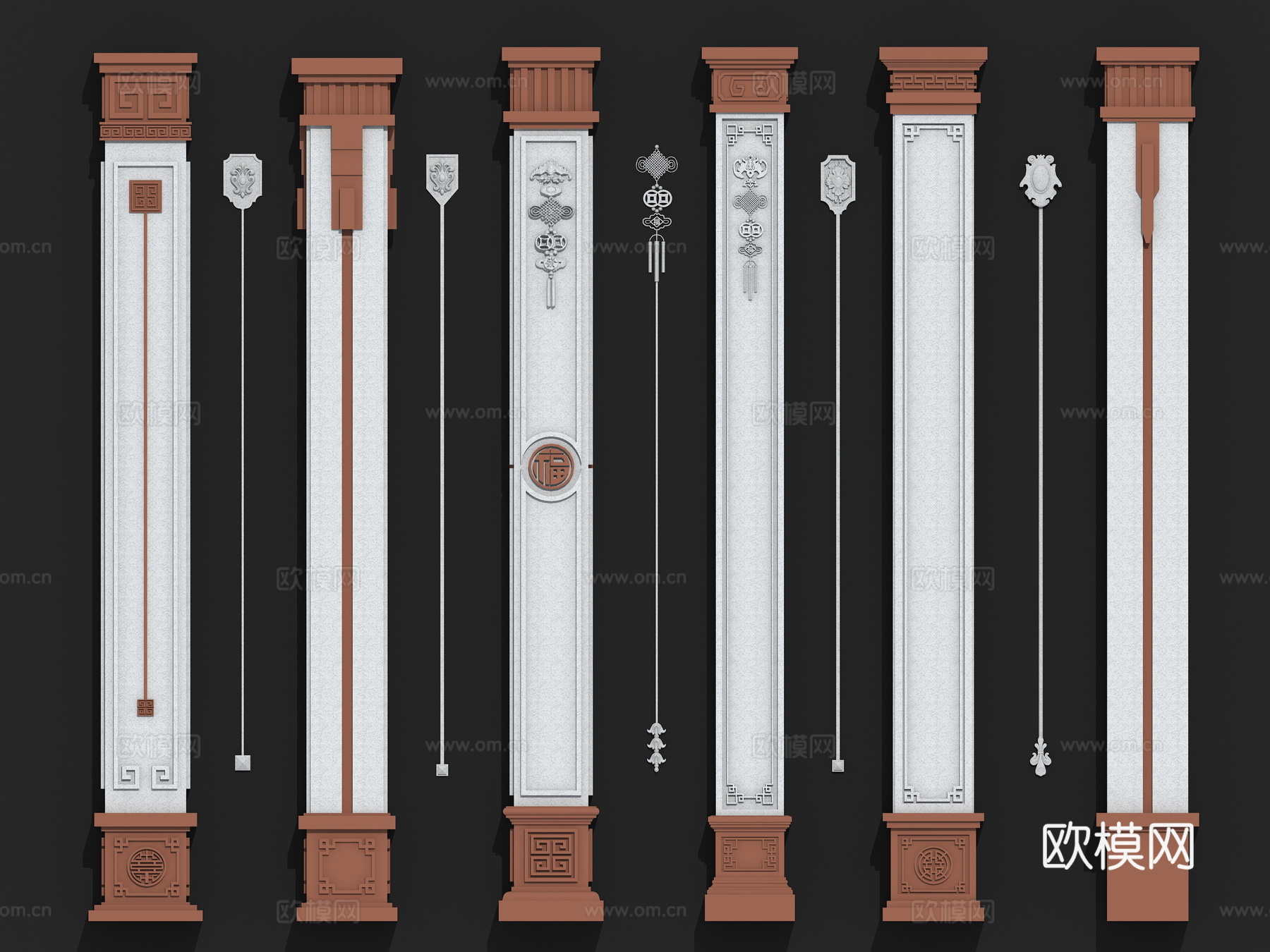 中国结 吊花  中式柱子su模型