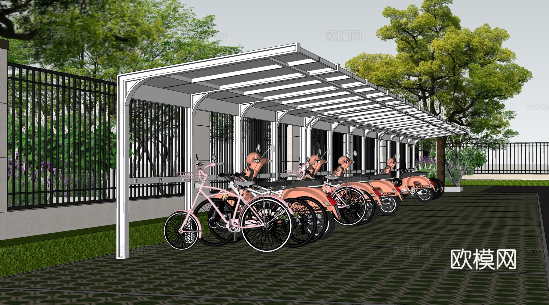 现代自行车棚 电动车棚 非机动车棚 自行车廊架su模型