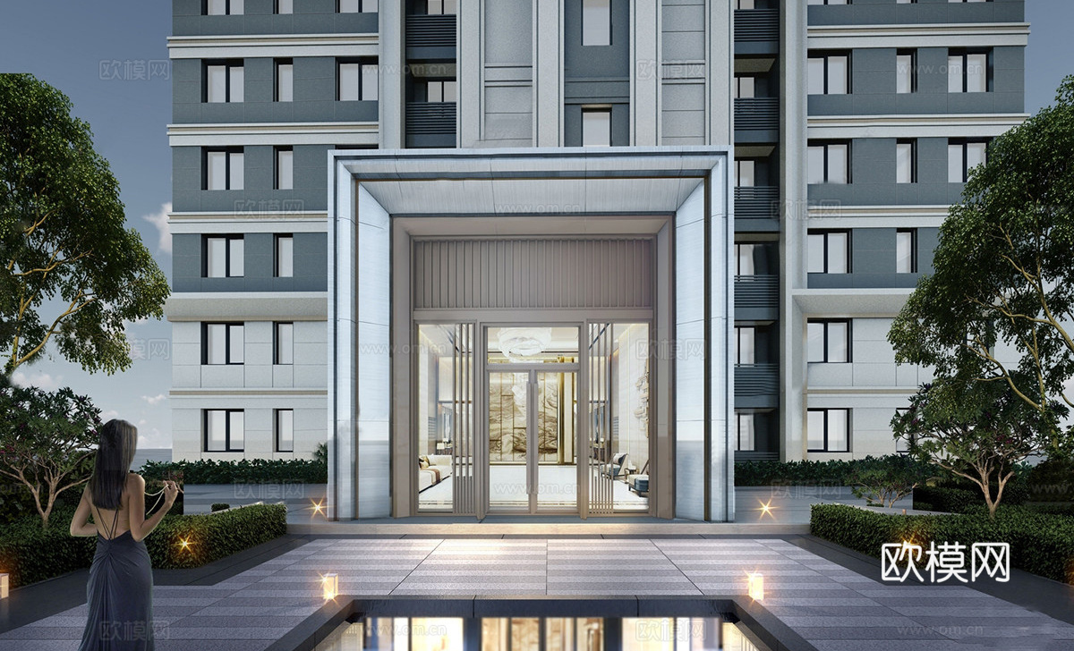 现代小区单元楼大门 入户双开门 小区入户门su模型