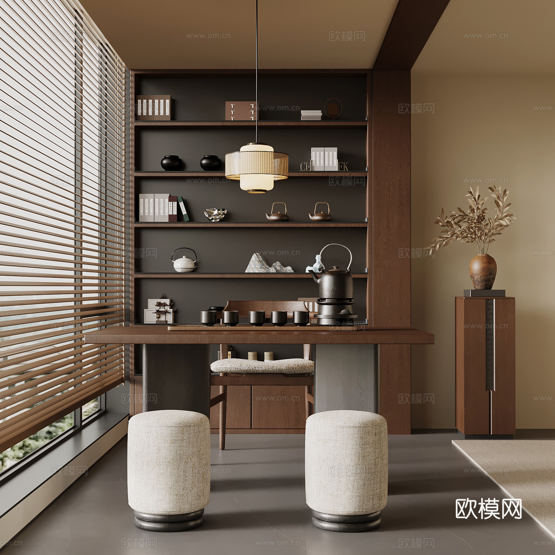 中古风阳台 小茶台 茶桌椅 茶柜su模型