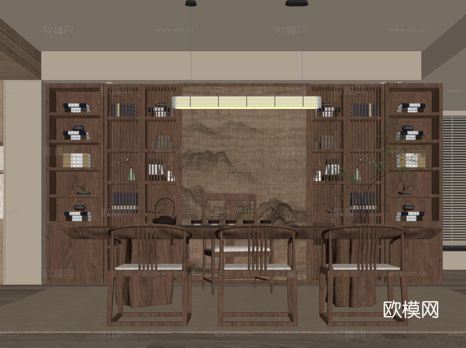 新中式茶室 茶桌椅 茶柜 置物柜su模型