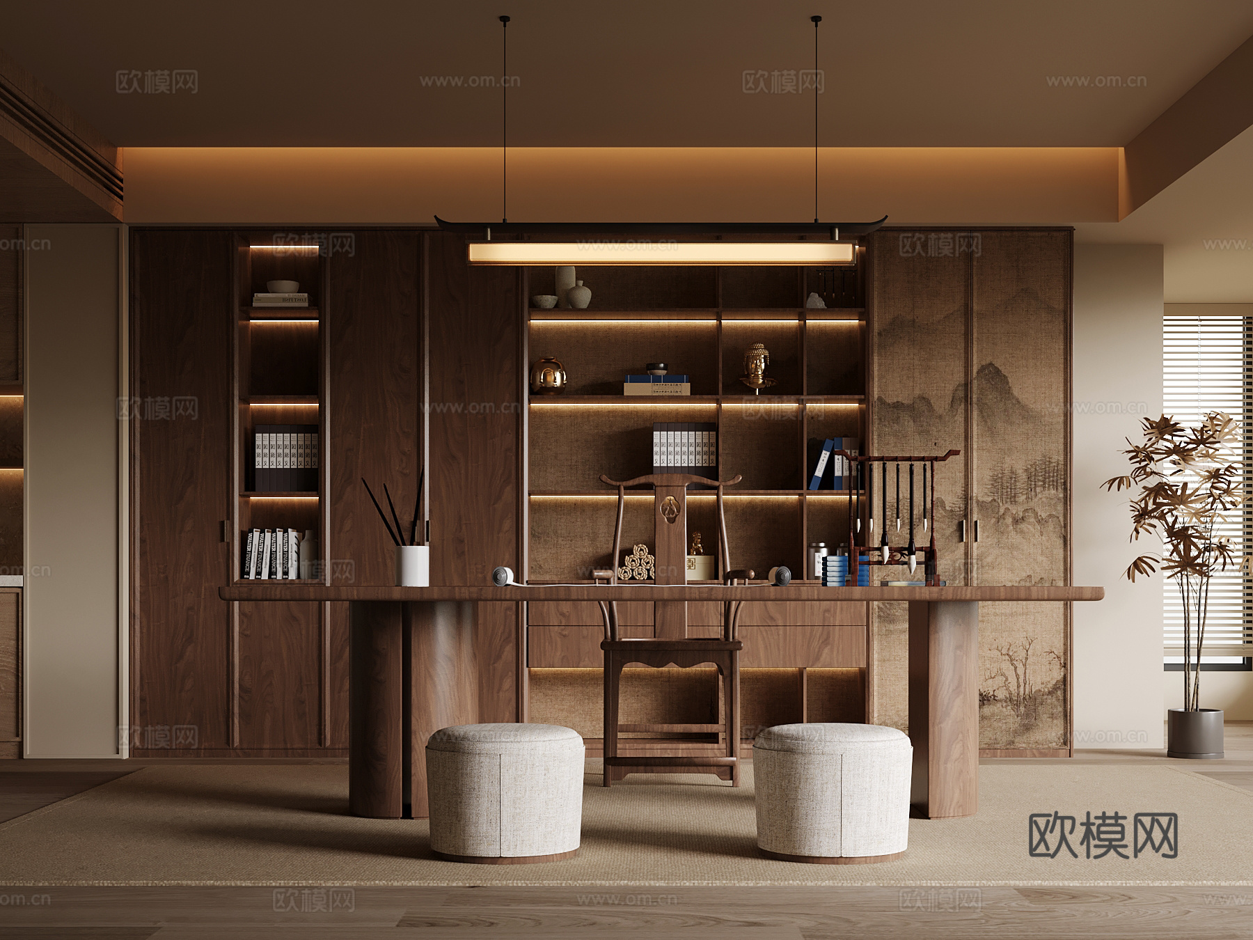 新中式宋氏书房 开放式书房 书桌椅 书柜su模型