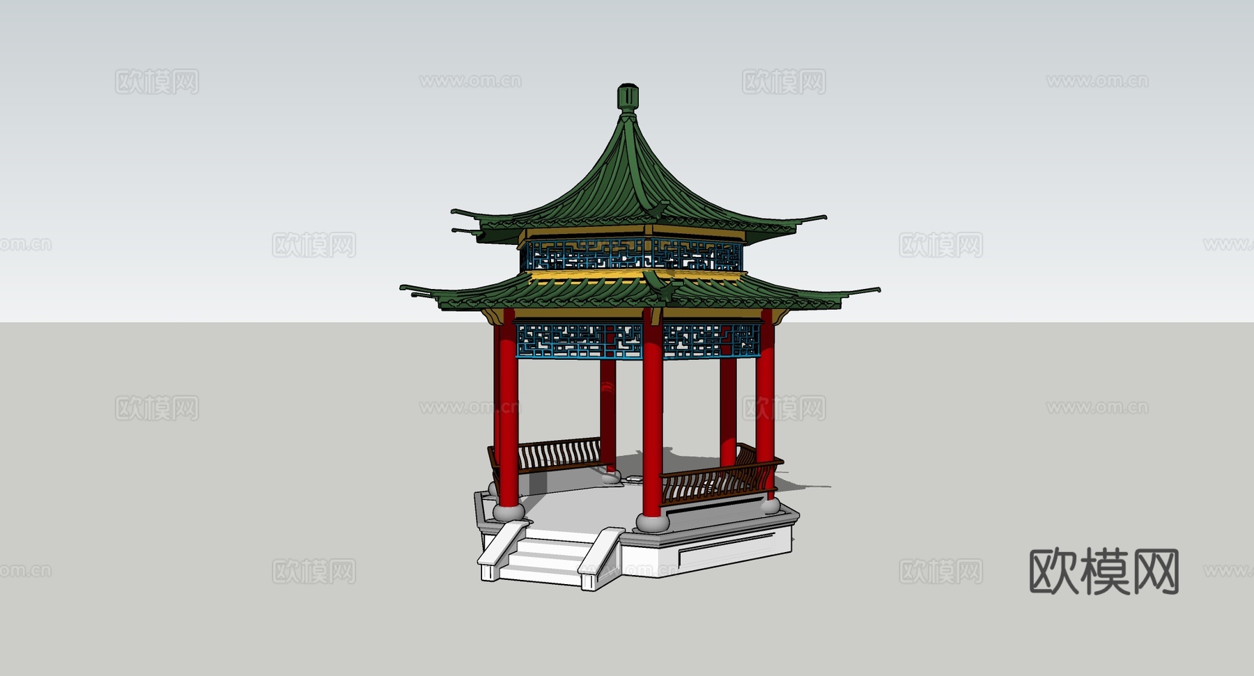 中式绿色琉璃瓦屋顶组件 古建凉亭寺庙屋面 红色镂空雕花木柱su模型