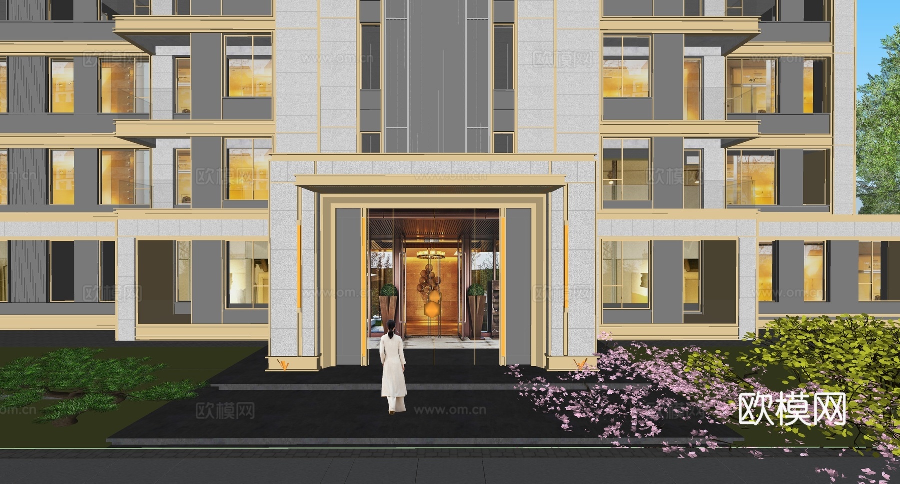 现代小区单元楼大门 小区入户双开门 入户门su模型