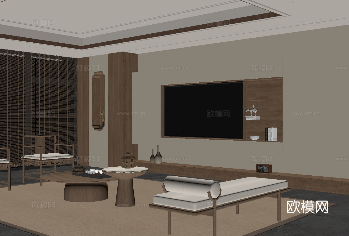 新中式电视背景墙su模型