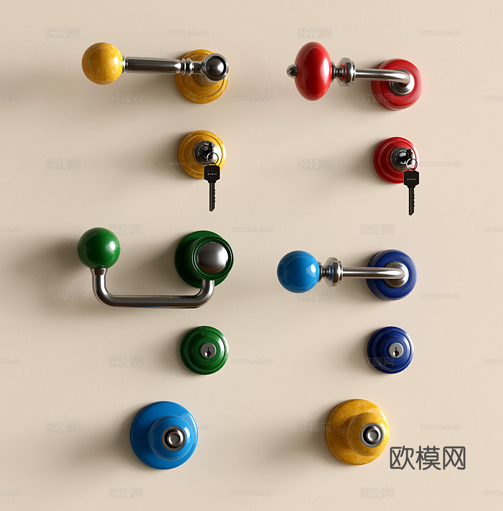 包豪斯门把手 中古复古门锁 多巴胺金属门拉手su模型