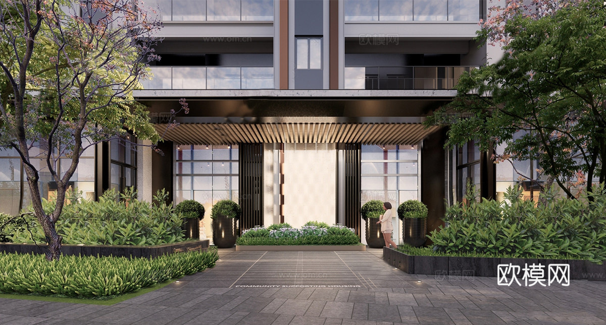 现代单元入户大门 入户景墙 入户装饰  小区楼栋大门su模型