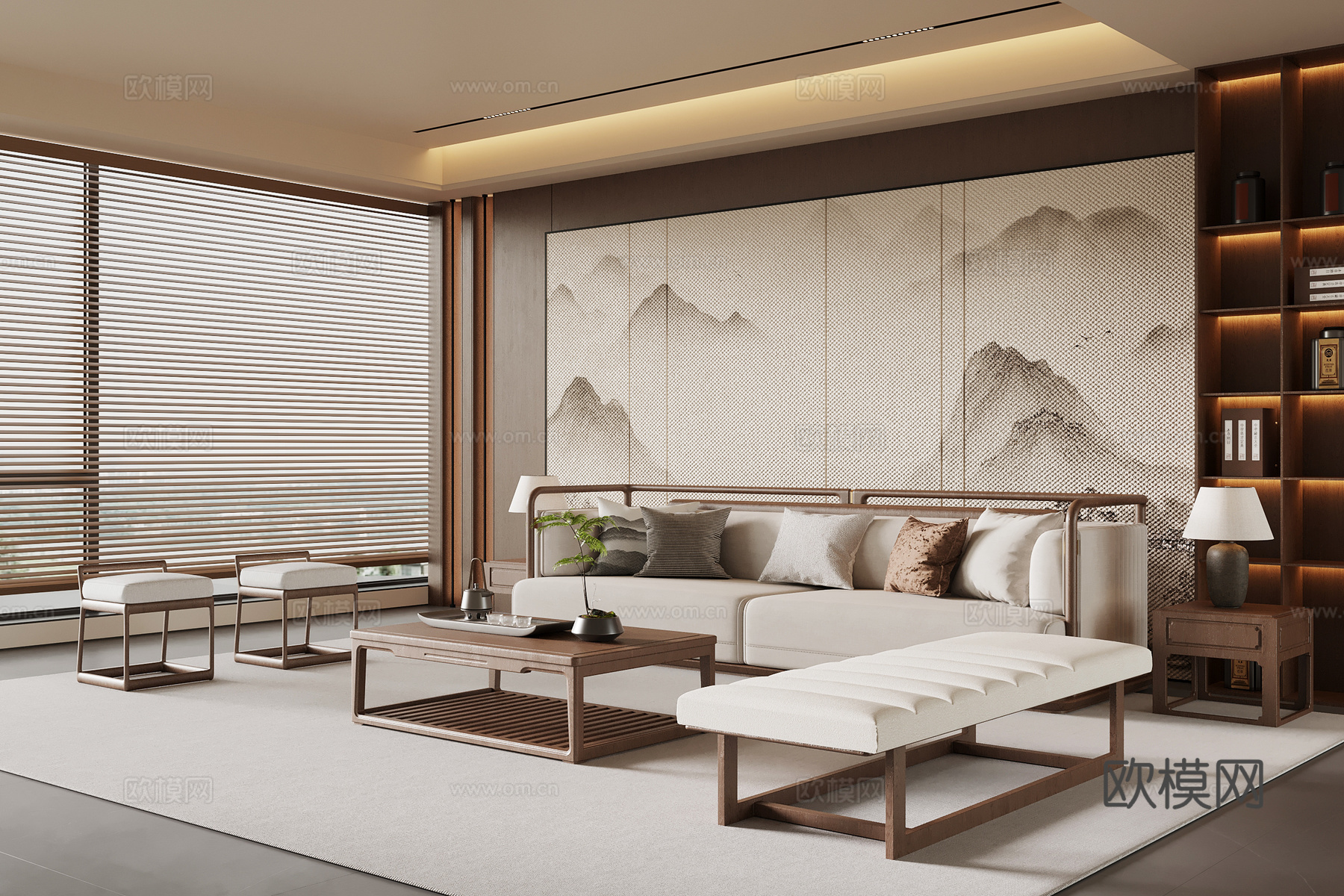 新中式客厅 沙发茶几组合 沙发背景墙su模型