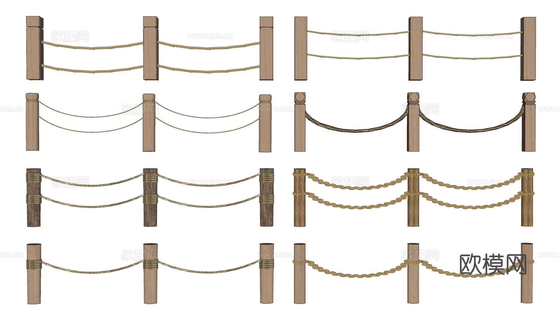 现代生态护栏 滨水护栏 绳索栏杆 户外木桩护栏su模型