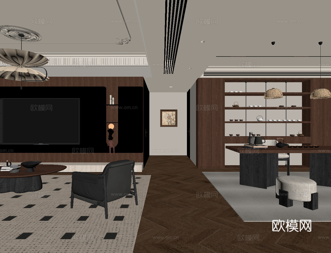 中古风客厅 茶室 沙发茶几 电视背景墙 茶柜su模型