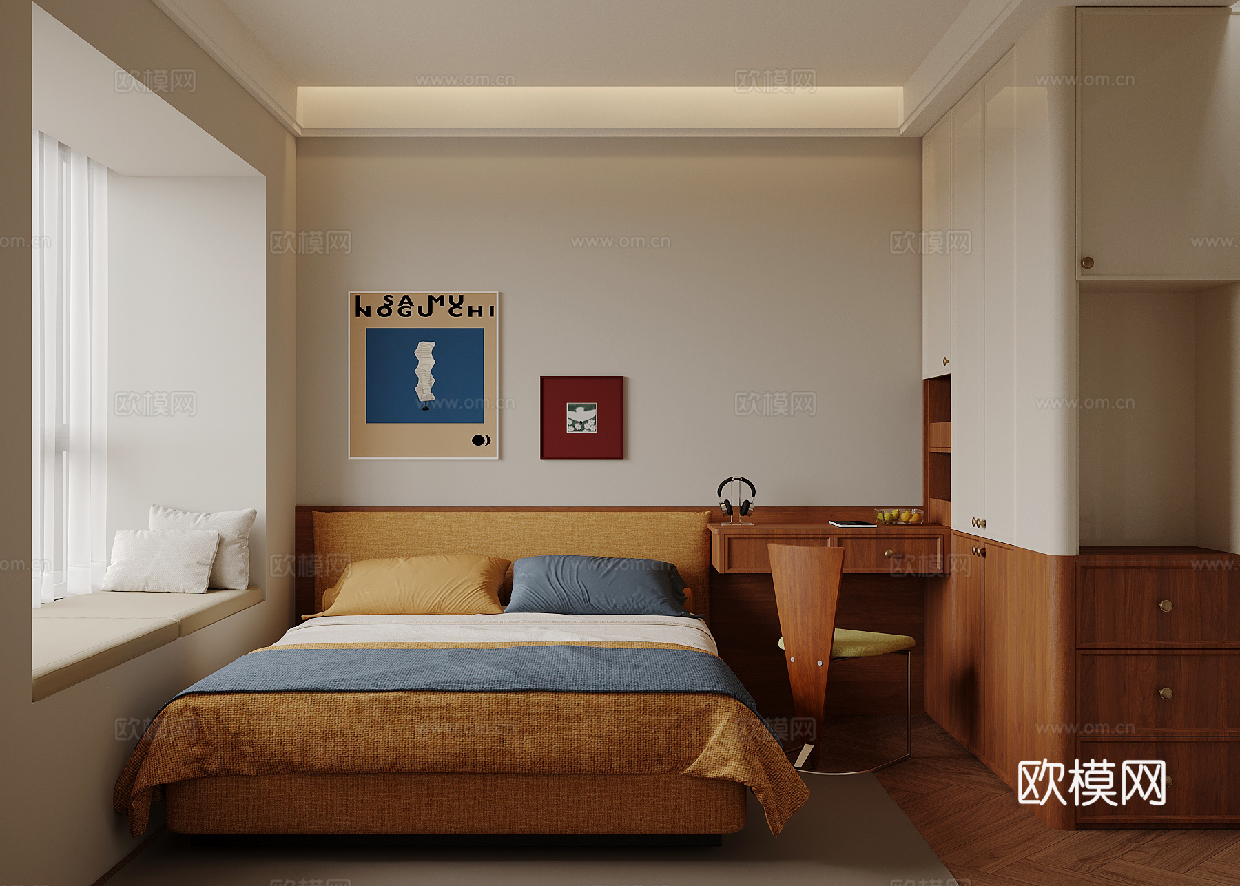 中古风卧室 次卧 双人床 衣柜su模型su模型