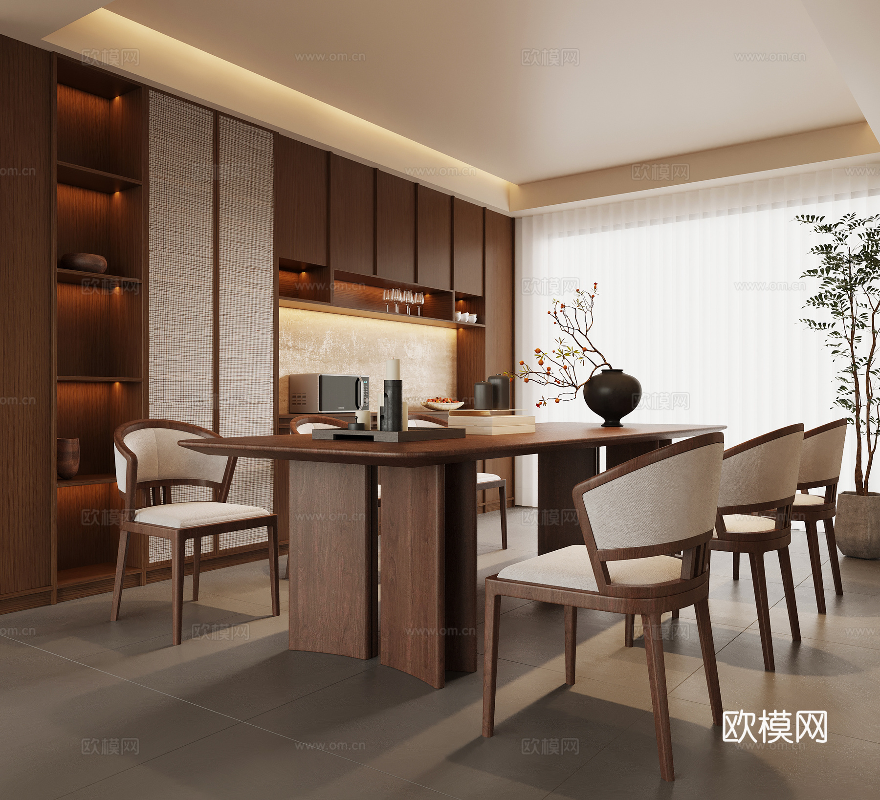 新中式餐厅 餐桌椅 餐边柜 酒柜su模型