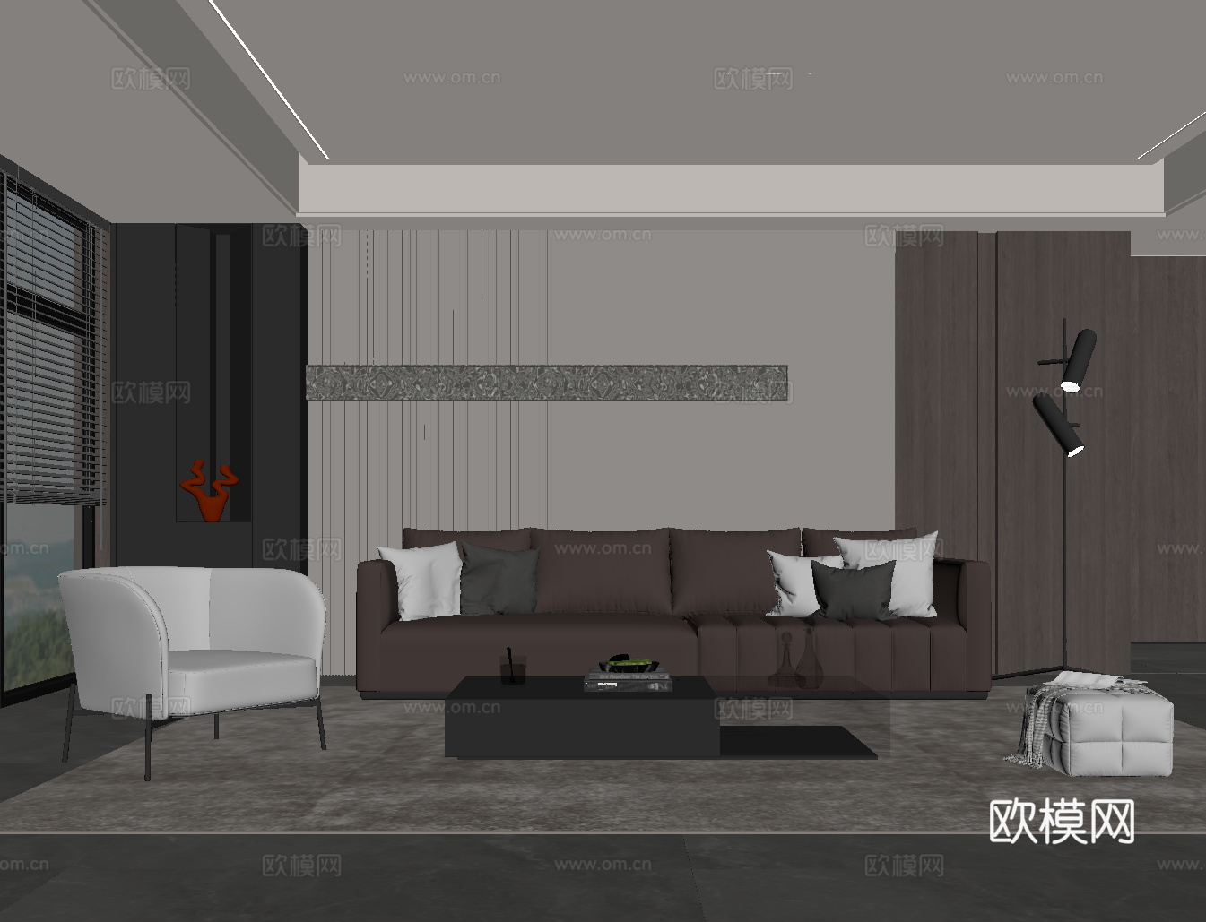 现代意式家居客厅 沙发茶几组合 背景墙su模型