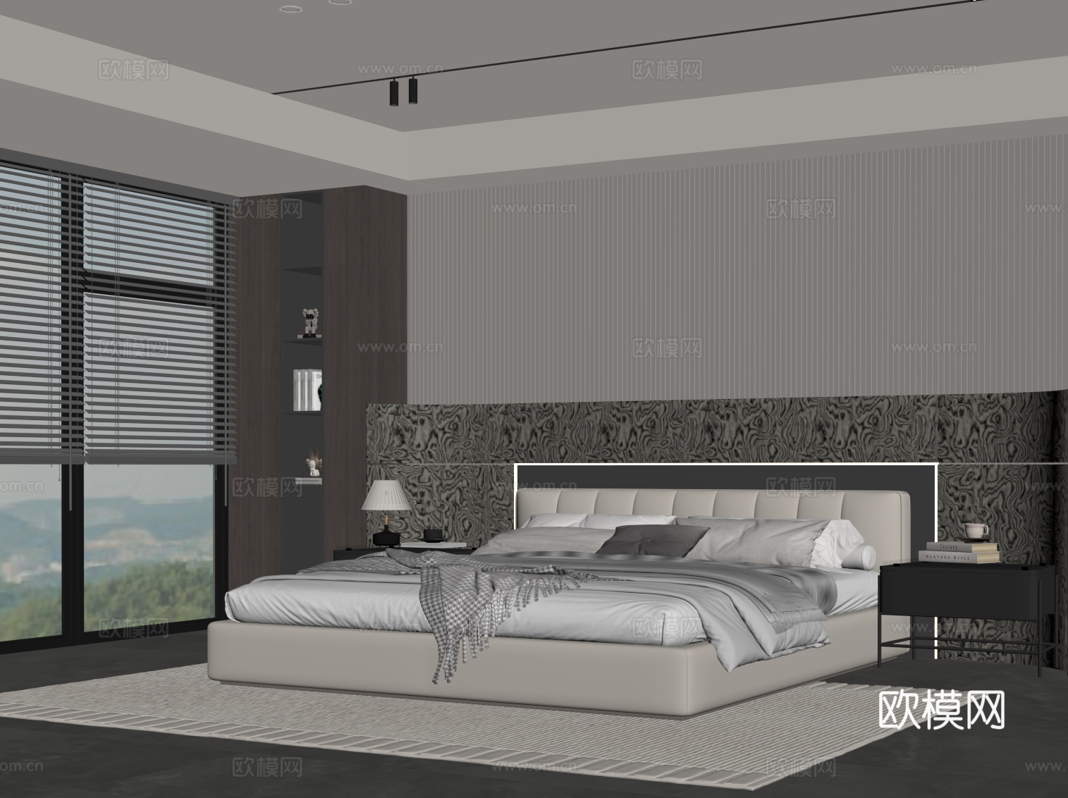 现代意式卧室 双人床 背景墙su模型