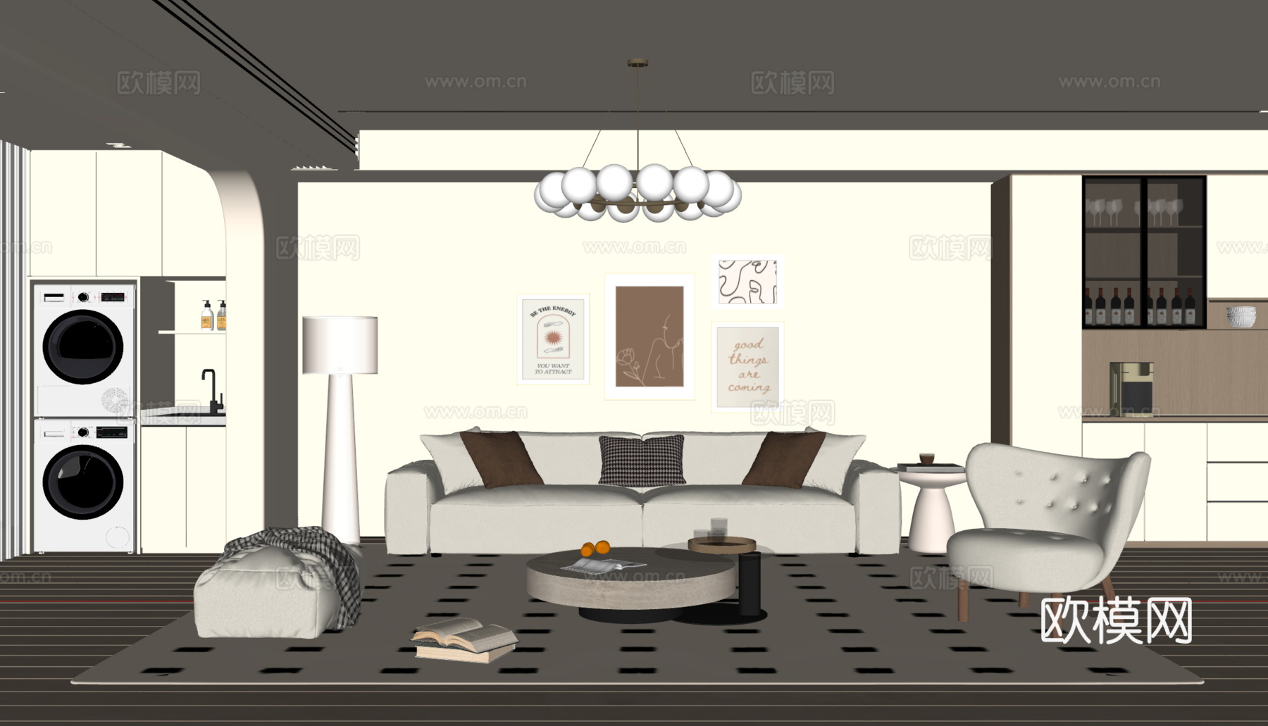 现代奶油风客厅 沙发茶几 多人沙发 挂画 吊灯 地毯su模型下载（渲染图2）