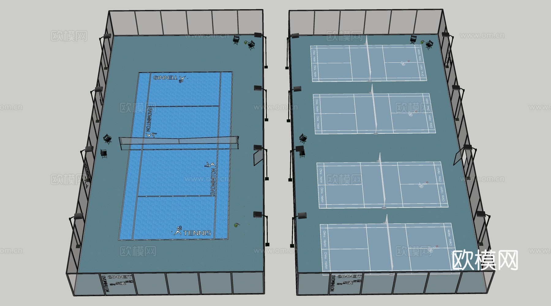 现代网球场 羽毛球场su模型