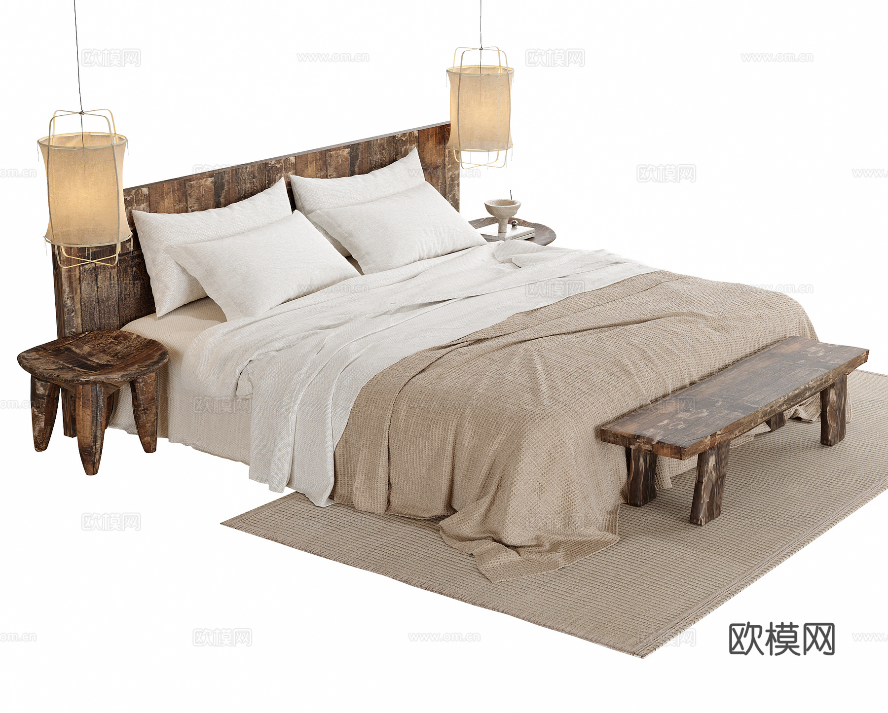 现代双人床 床尾凳su模型