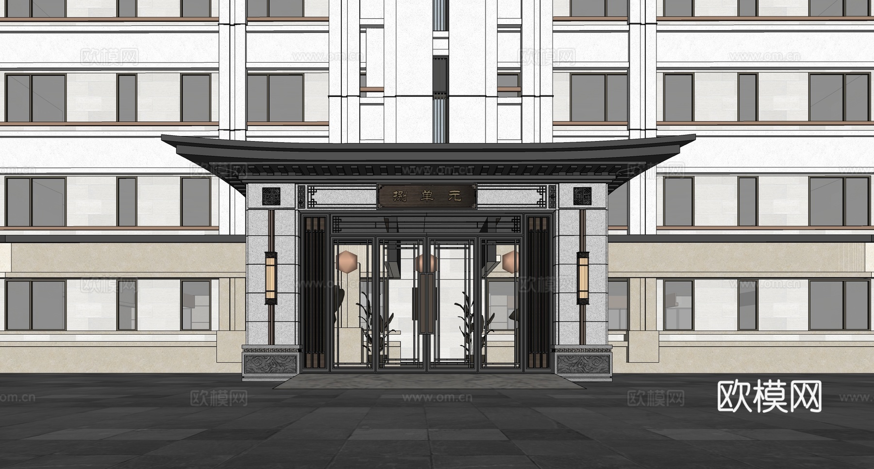 新中式住宅入户大门  单元入户门头su模型