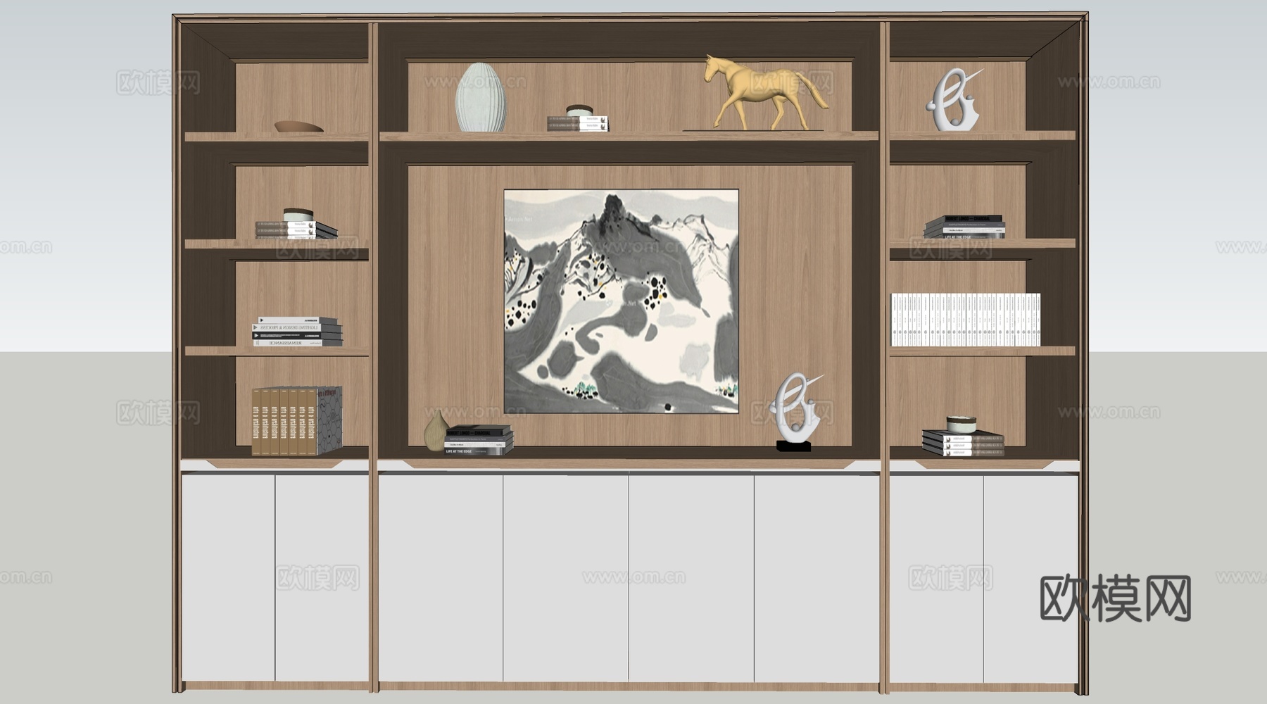 新中式装饰柜 新中式置物架 书架 茶具架su模型