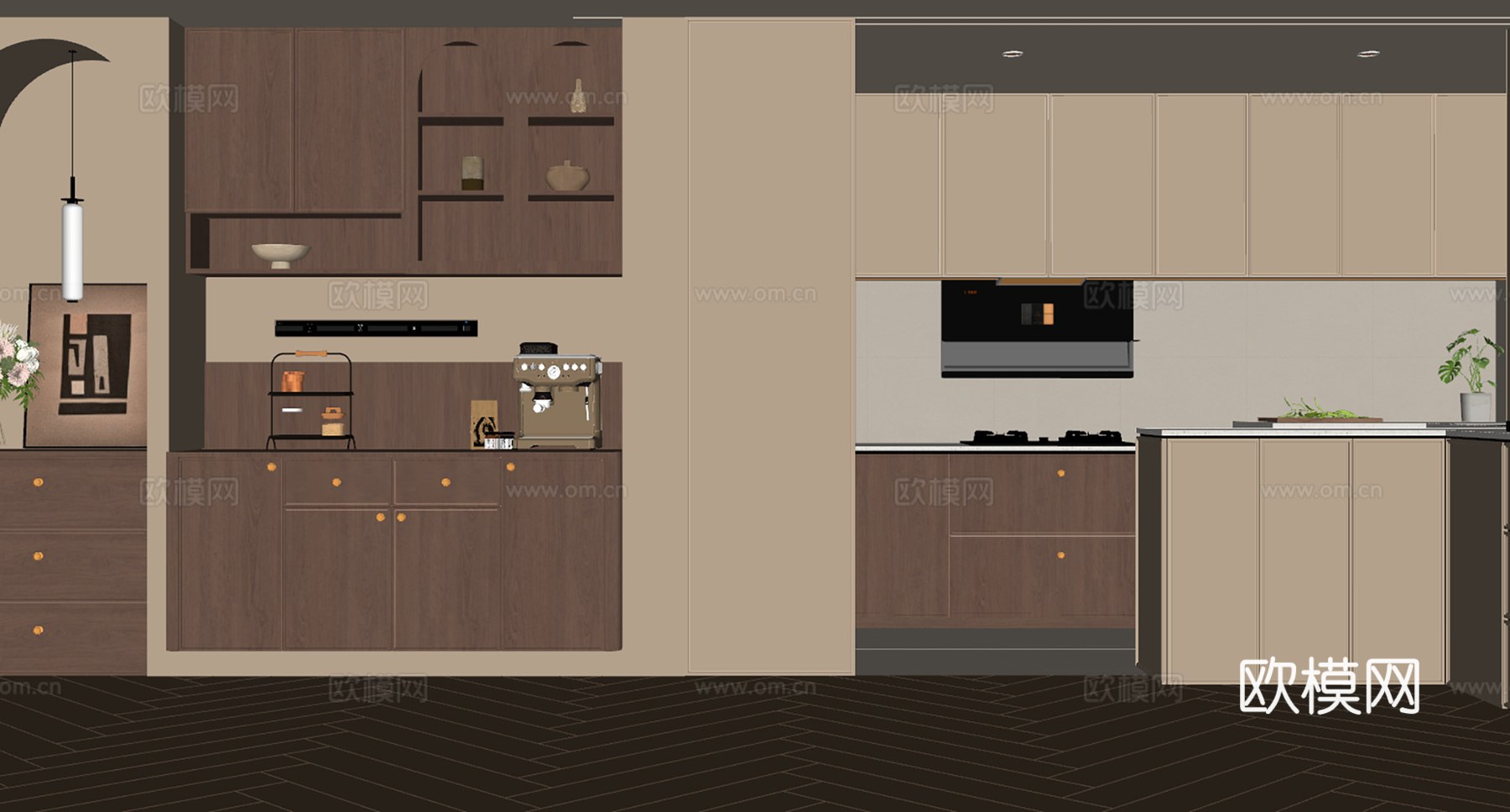 现代法式餐边柜 开放式厨房 餐厅酒柜 装饰柜su模型