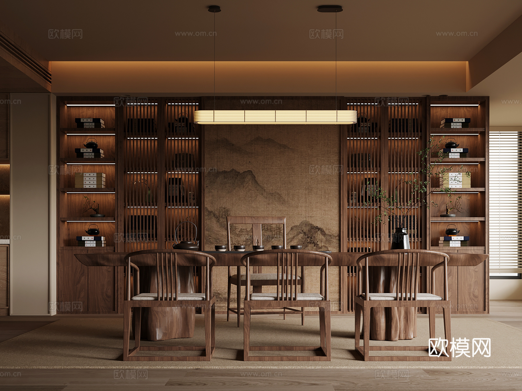 新中式茶室 茶桌椅 茶柜 置物柜su模型