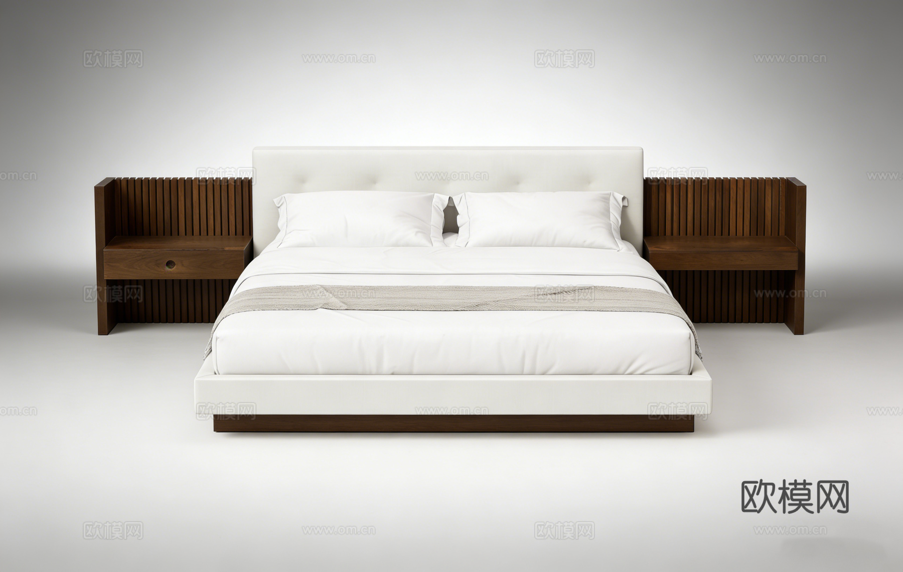 现代简约白色软包床 深木色床头柜 卧室套装su模型