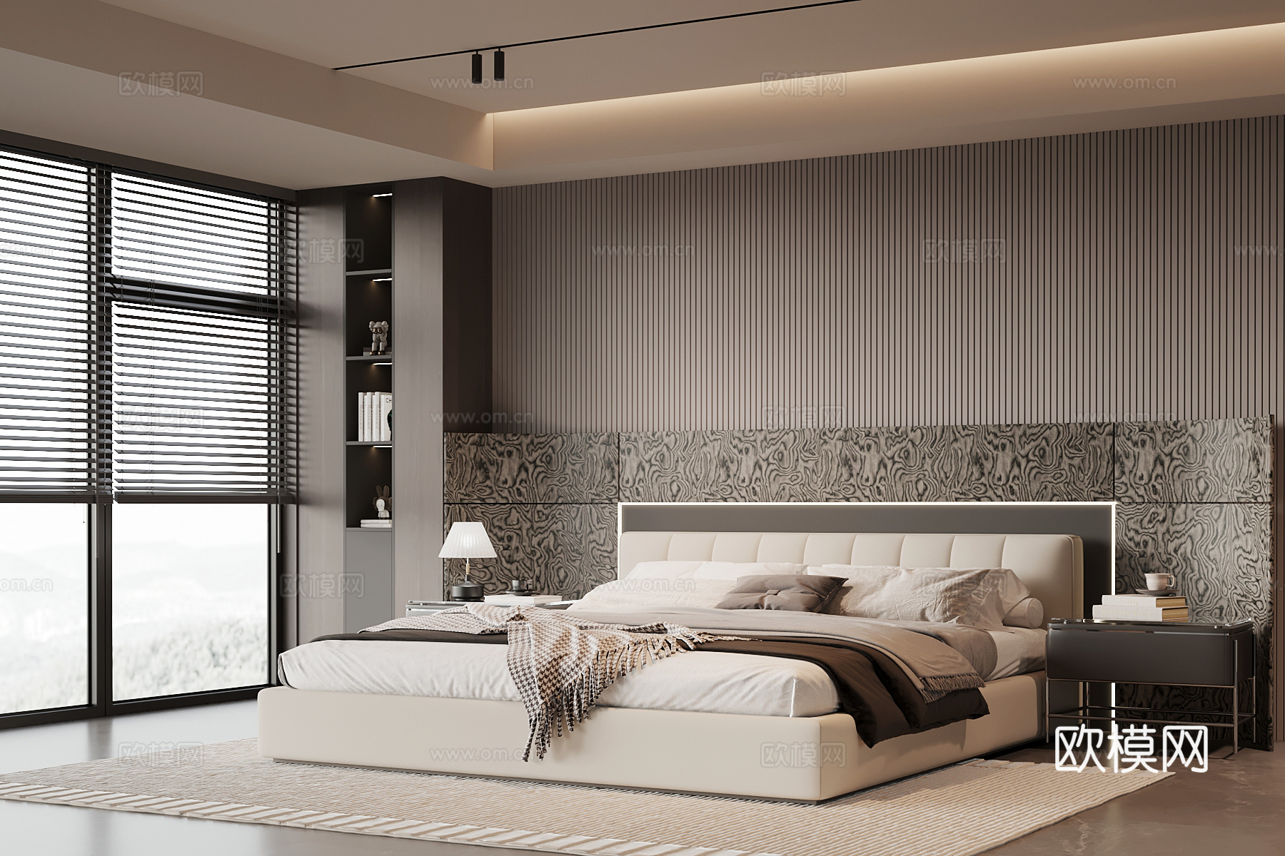 现代意式卧室 双人床 背景墙su模型