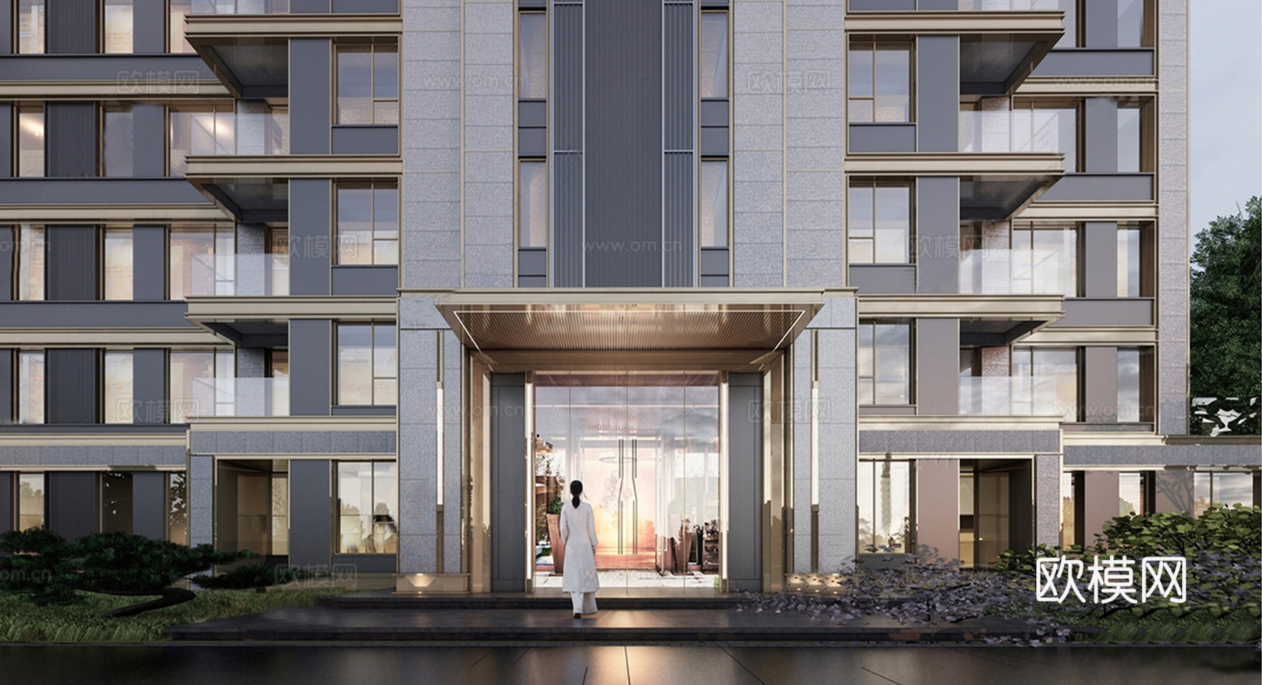 现代小区单元楼大门 小区入户双开门 入户门su模型