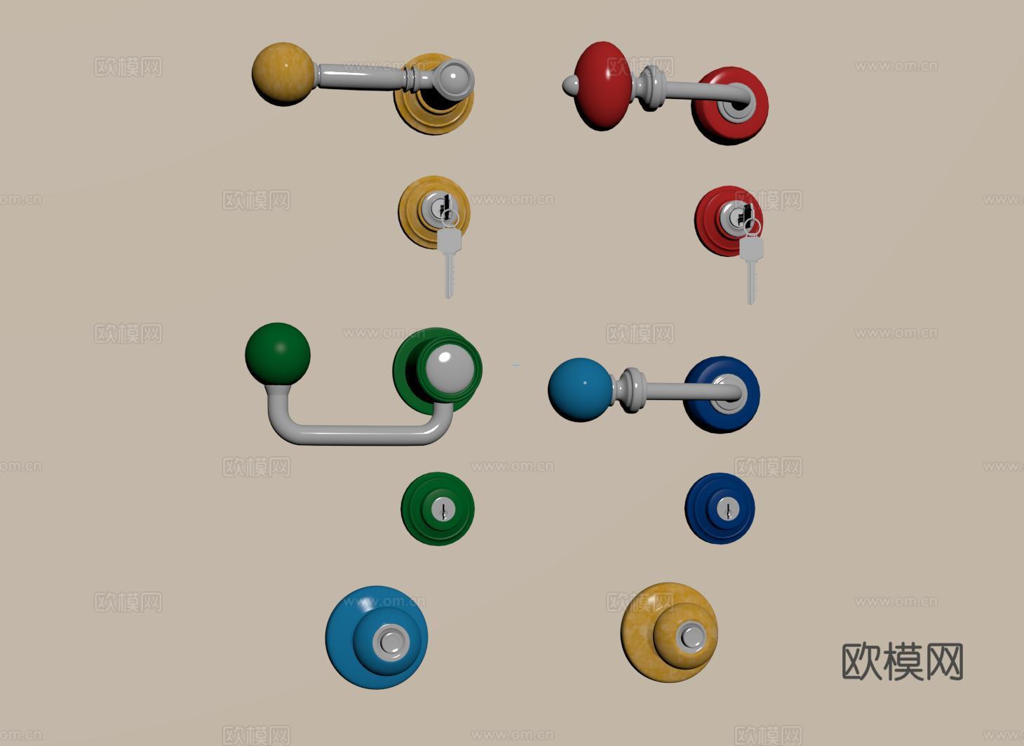 包豪斯门把手 中古复古门锁 多巴胺金属门拉手su模型