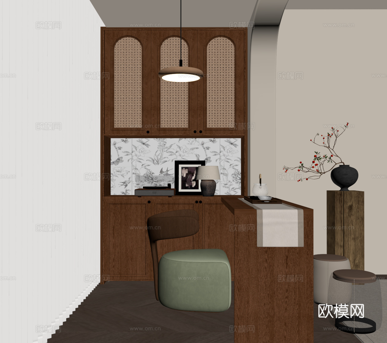 中古风阳台茶室 茶桌椅 茶台su模型